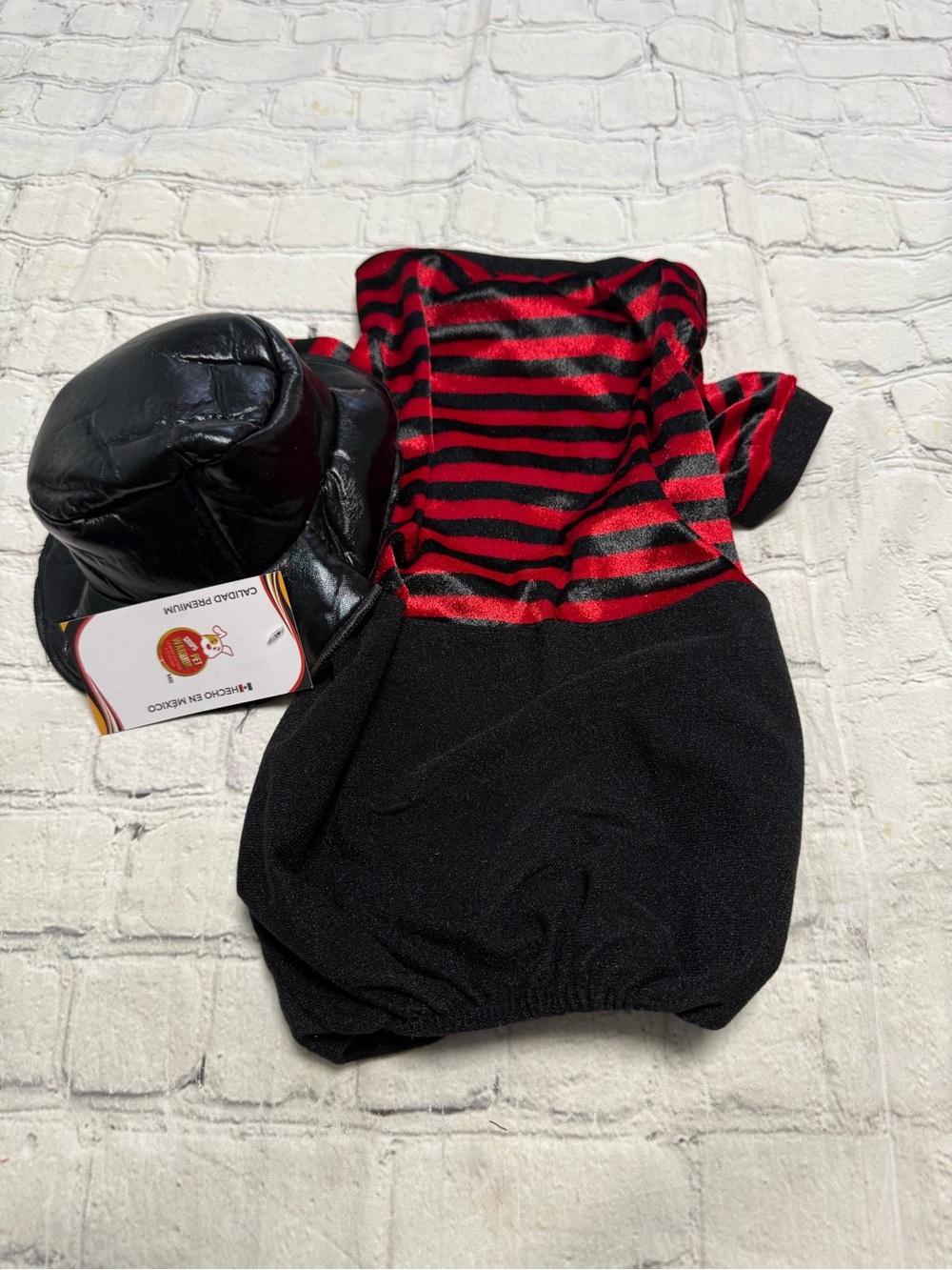 Pet Warrior Dog Red and Black Striped Costume with Black Hat. Halloween costume.